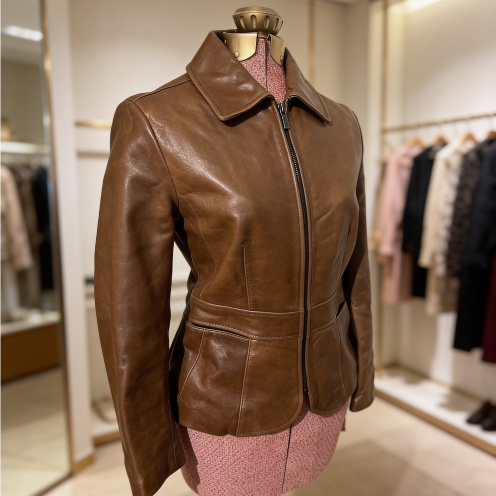 Ann Taylor Genuine Leather Brown Zip Jacket Classic Tailored Size S - Picture 8 of 12